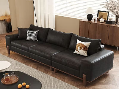 Modern Black Leather Sofa and Coffee Table Set With Decorative Pillows in Living Room 3d model