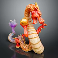 Colorful Dragon Sculpture With Red Yellow Purple Scales Curved Body And Golden Orb