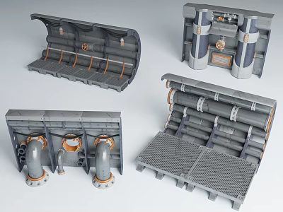 Industrial Style Scene Components With Gray Metal Pipes Grid Floors And Control Panels 3d model