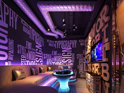 Modern KTV Interior with Purple Lighting Large Letter Wall Decor Sofa Round Table TV Screen 3d model