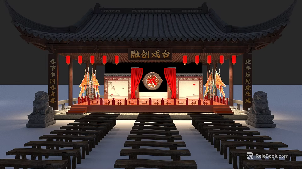 Ancient Chinese Architecture Theater Stage With Traditional Roof Red Lanterns And Wooden Benches 3d model 