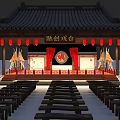 Ancient Chinese Architecture Theater Stage With Traditional Roof Red Lanterns And Wooden Benches