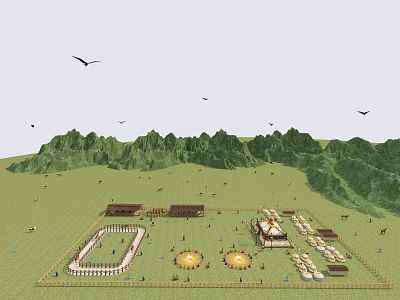 Scenic Natural Landscape With Green Mountains Vast Grassland Flying Birds And Traditional Buildings 3d model