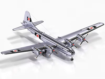 Silver Fighter Jet Model With Four Propellers And Red Markings On Wings 3d model