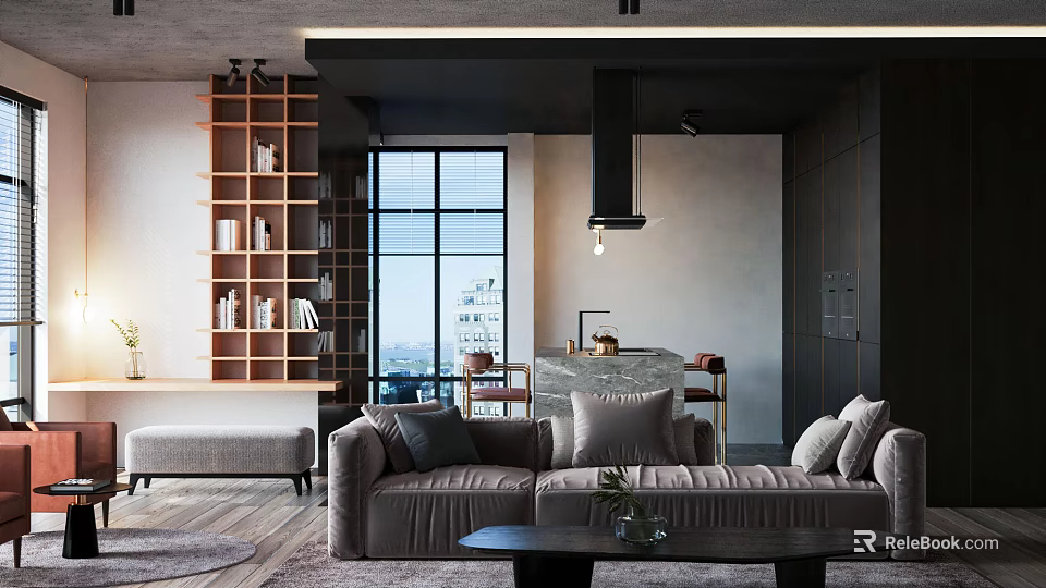 Modern Living Dining Room Interior With Sofa Bookshelf Large Window Pendant Light And Coffee Table 3d model 