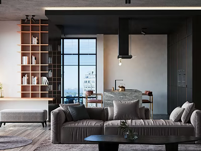 Modern Living Dining Room Interior With Sofa Bookshelf Large Window Pendant Light And Coffee Table 3d model