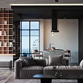 Modern Living Dining Room Interior With Sofa Bookshelf Large Window Pendant Light And Coffee Table