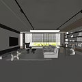 Modern Living Room Interior With White Sofa Black Accent Chair Large Windows Coffee Table Shelves
