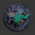 Detailed Fantasy Character Figure With Green Hair Orange Blue Outfit And Purple Blue Base