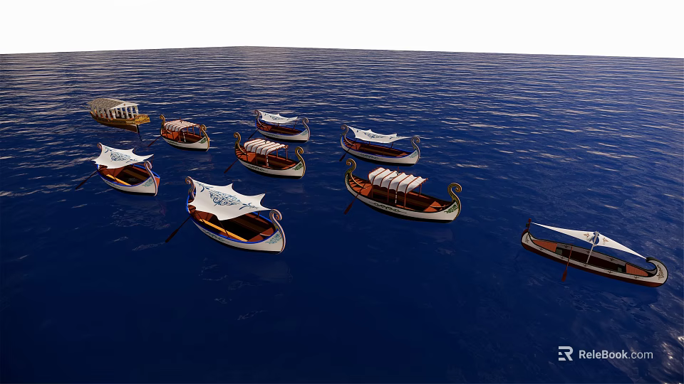 Multiple Traditional Wooden Boats Sailing On Calm Blue Sea With White Sails 3d model 