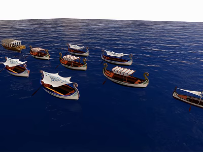 Multiple Traditional Wooden Boats Sailing On Calm Blue Sea With White Sails 3d model