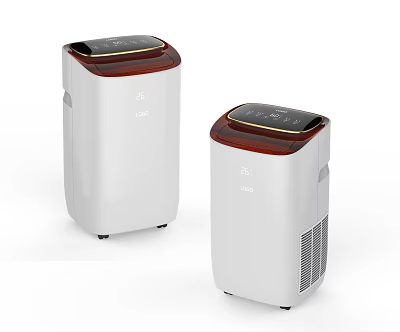 Two Modern Air Cooler Fans With White Body Red Top And Digital Control Panel 3d model