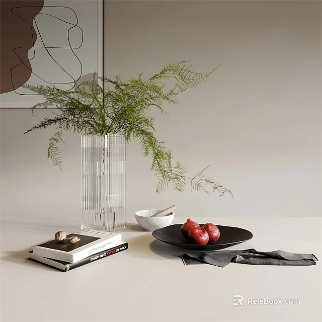 Clear Glass Vase with Green Fern Plants on Tabletop with Books Fruits and Bowl 3d model 