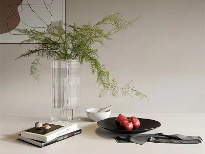 Clear Glass Vase with Green Fern Plants on Tabletop with Books Fruits and Bowl 3d model