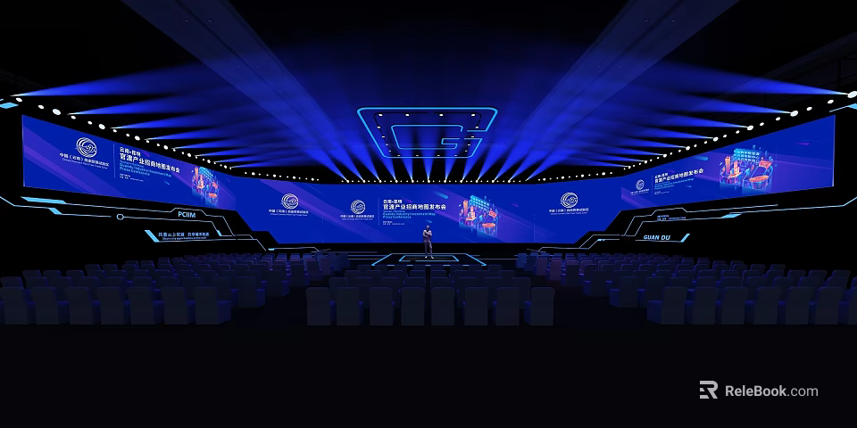Modern Conference Stage Design With Blue Lighting Large Screens And Arranged Seats Setup 3d model 