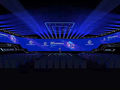 Modern Conference Stage Design With Blue Lighting Large Screens And Arranged Seats Setup 3d model