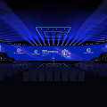 Modern Conference Stage Design With Blue Lighting Large Screens And Arranged Seats Setup