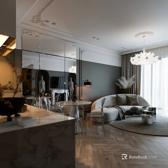 Elegant Modern Living Room Interior Design With Chandelier Mirror Fireplace And Area Rug 3d model 