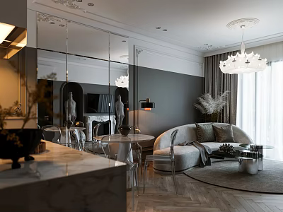 Elegant Modern Living Room Interior Design With Chandelier Mirror Fireplace And Area Rug 3d model