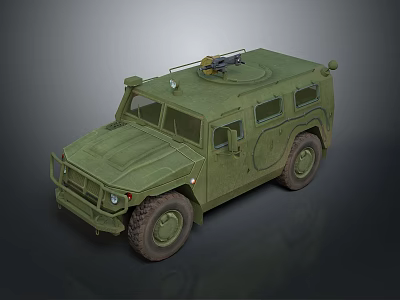 Green Military Off-Road Vehicle with Mounted Machine Gun on Roof Large Tires and Armored Body 3d model