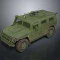 Green Military Off-Road Vehicle with Mounted Machine Gun on Roof Large Tires and Armored Body
