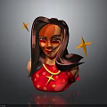 3D Female Character With Black Pink Hair Red Face Paint Red Outfit And Yellow Stars