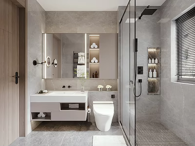 Modern Bathroom Interior With Floating Vanity Mirror Toilet And Glass Shower 3d model