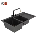Modern Black Double Bowl Kitchen Sink With Golden Faucet And Drainboard