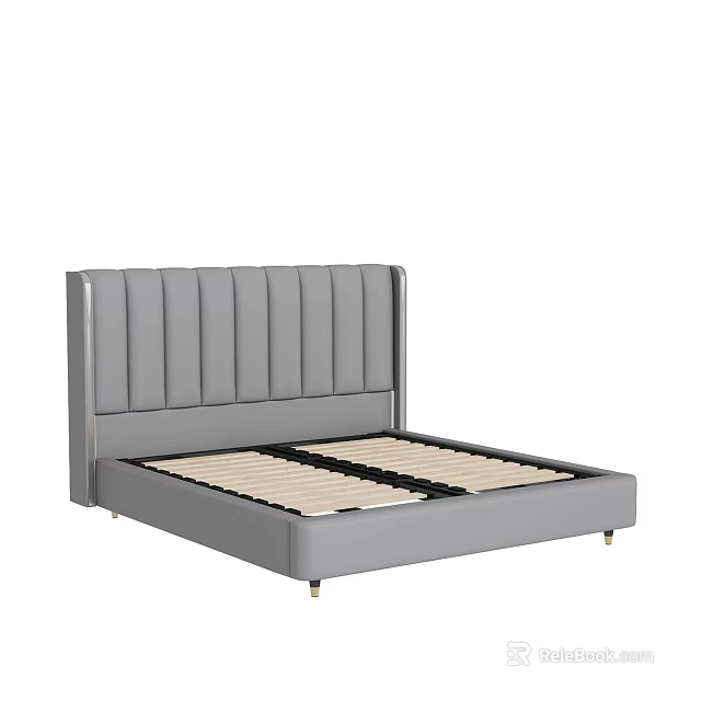 Modern Grey Double Bed With Striped Upholstered Headboard And Wooden Slat Base 3d model 