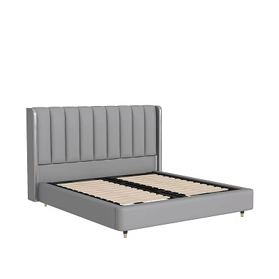 Modern Grey Double Bed With Striped Upholstered Headboard And Wooden Slat Base 3d model