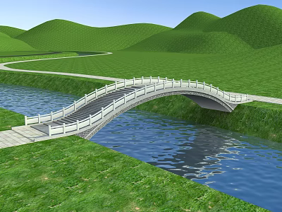 White Arch Bridge With Railings Over River In Green Rolling Hills Landscape 3d model