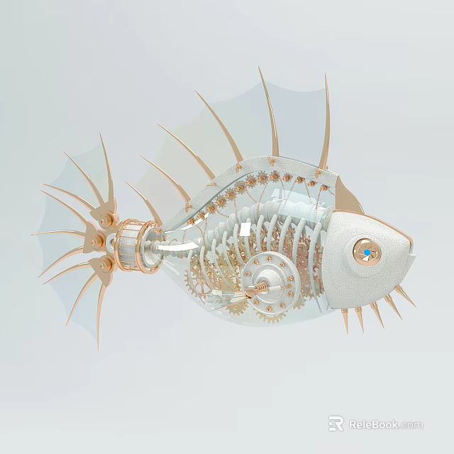 Mechanical Fish With Transparent Body Gears Skeleton Golden Accents And Blue Eye 3d model 