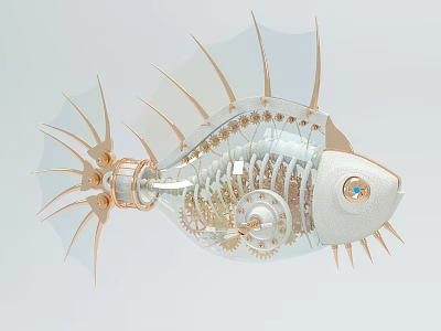 Mechanical Fish With Transparent Body Gears Skeleton Golden Accents And Blue Eye 3d model
