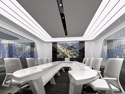 Modern Conference Room Interior With Long Table White Chairs And Large Screen 3d model