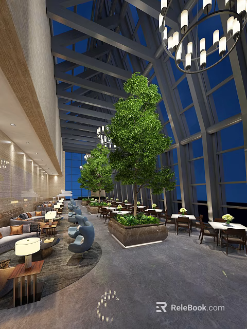 Spacious Restaurant Interior With Large Windows Indoor Trees And Comfortable Seating 3d model 