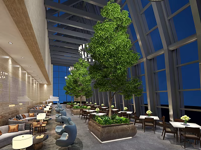 Spacious Restaurant Interior With Large Windows Indoor Trees And Comfortable Seating 3d model