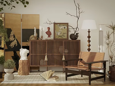 Modern Wooden Dresser Interior Design With Sculptures Vase And Plants In Living Room 3d model