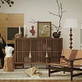 Modern Wooden Dresser Interior Design With Sculptures Vase And Plants In Living Room