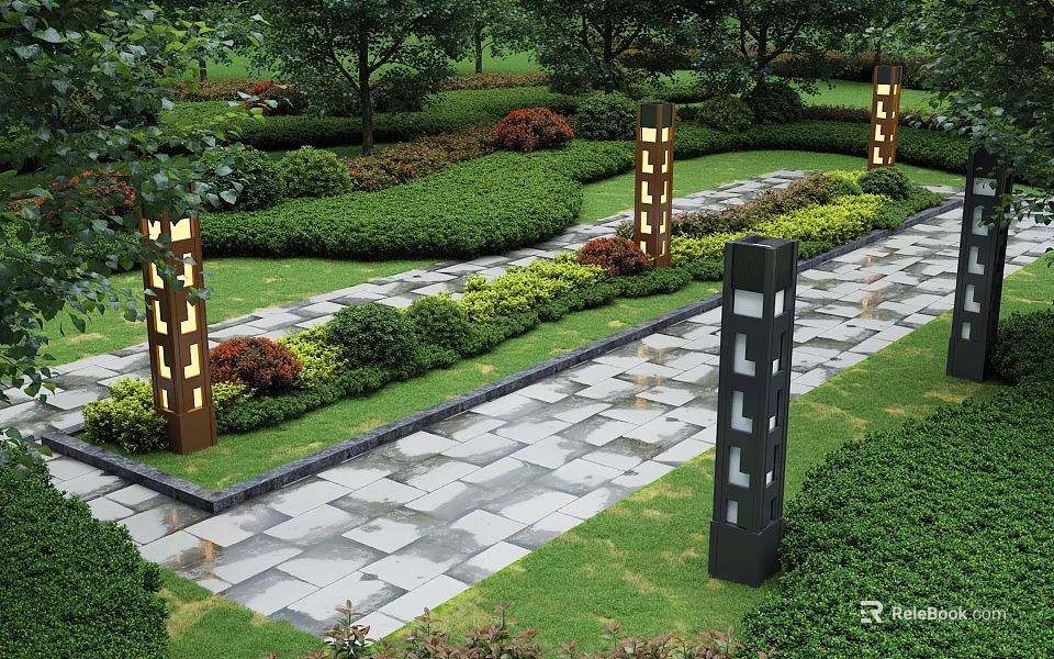 Neatly Trimmed Garden Shrubs Along Stone Pathway With Green Lawn And Decorative Lamps 3d model 
