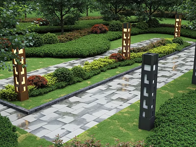 Neatly Trimmed Garden Shrubs Along Stone Pathway With Green Lawn And Decorative Lamps 3d model