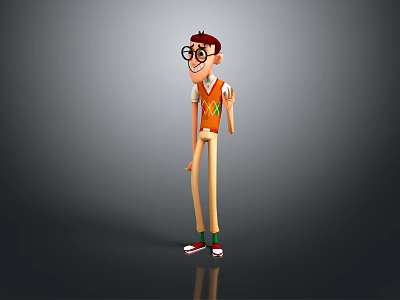 Tall Cartoon Character Wearing Glasses Orange Vest Red Shoes Green Laces Smiling On Gray Background 3d model
