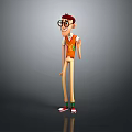 Tall Cartoon Character Wearing Glasses Orange Vest Red Shoes Green Laces Smiling On Gray Background