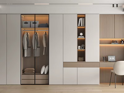 Modern Wardrobe Interior Design With Glass Doors Hanging Clothes Open Shelves And Desk Chair 3d model
