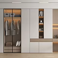 Modern Wardrobe Interior Design With Glass Doors Hanging Clothes Open Shelves And Desk Chair