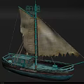 Vintage Wooden Boat Featuring White Sail Blue Hull Green Mast And Detailed Structure Design