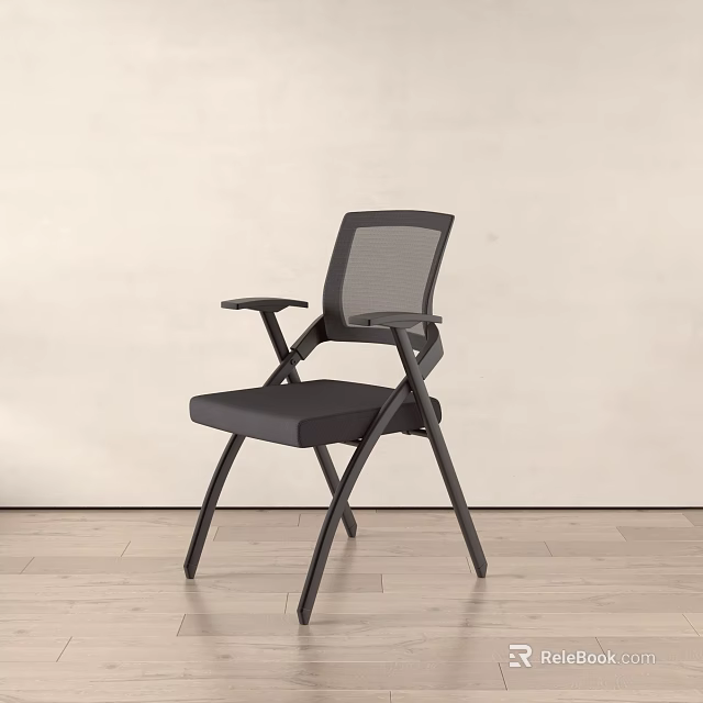Black Office Chair With Mesh Back Armrests Folding Metal Legs And Fabric Seat 3d model 