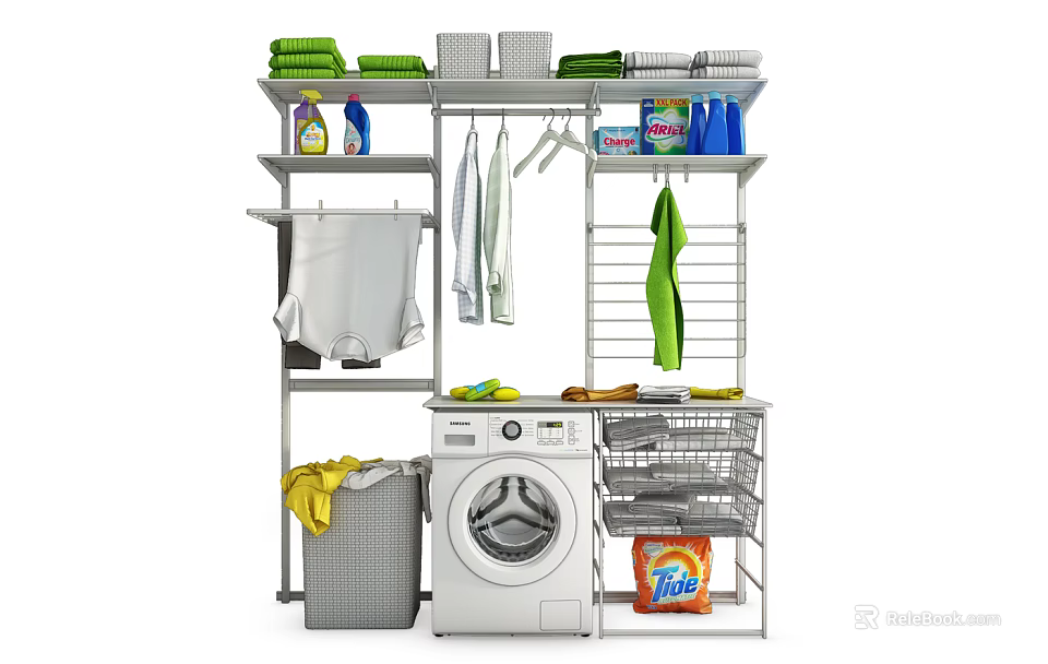 Laundry Area Setup with Washing Machine Detergent Hanging Clothes Drying Rack and Basket 3d model 