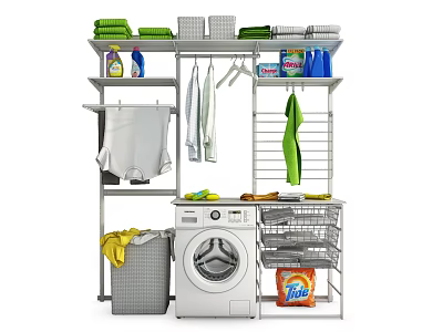 Laundry Area Setup with Washing Machine Detergent Hanging Clothes Drying Rack and Basket 3d model