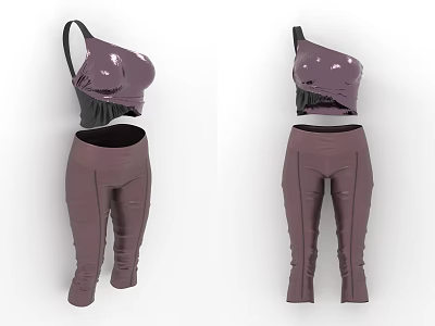 Stylish One Shoulder Shiny Top With High Waisted Purple Fitted Pants Outfit 3d model