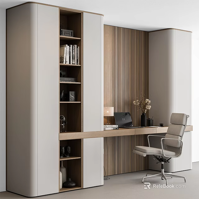 Contemporary Home Office Desk With Built In Bookshelf Laptop Ergonomic Chair And Wooden Wall 3d model 